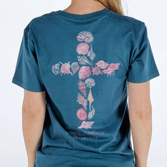 NWT Women Cross Tee Tshirt Simply Southern Blue Seashell NEW XL Faith Christian - Picture 1 of 4